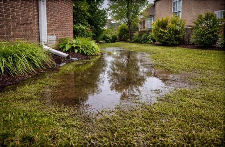 Water pooling near home foundation from downspout drainage in London Ontario backyard
