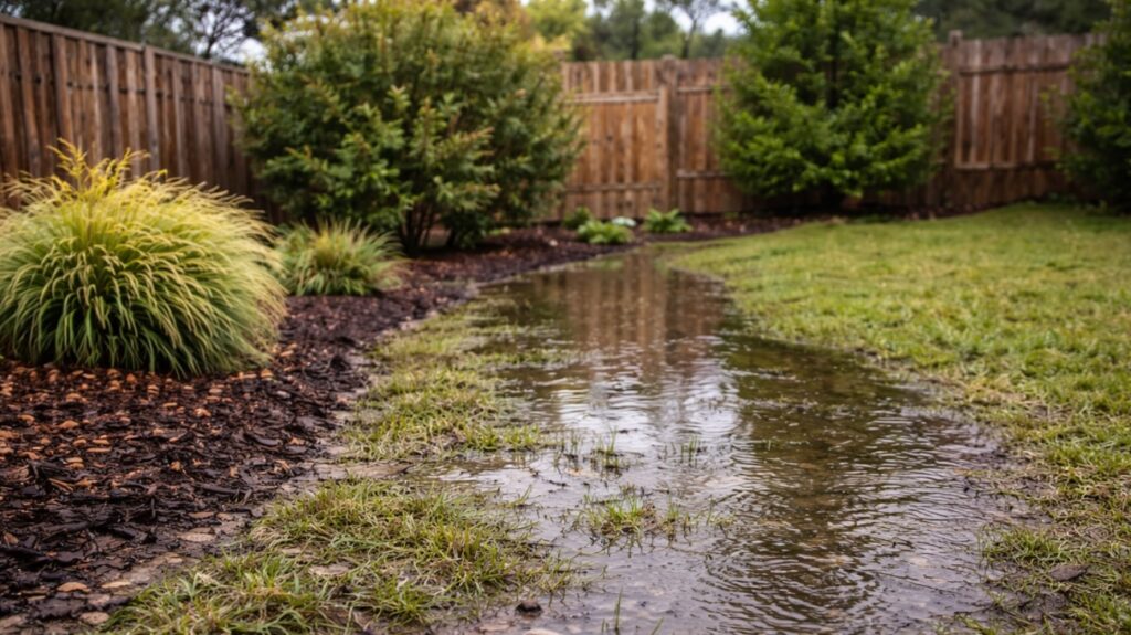 Backyard in Southwestern Ontario with standing water pooling in a low area of lawn after heavy rainfall