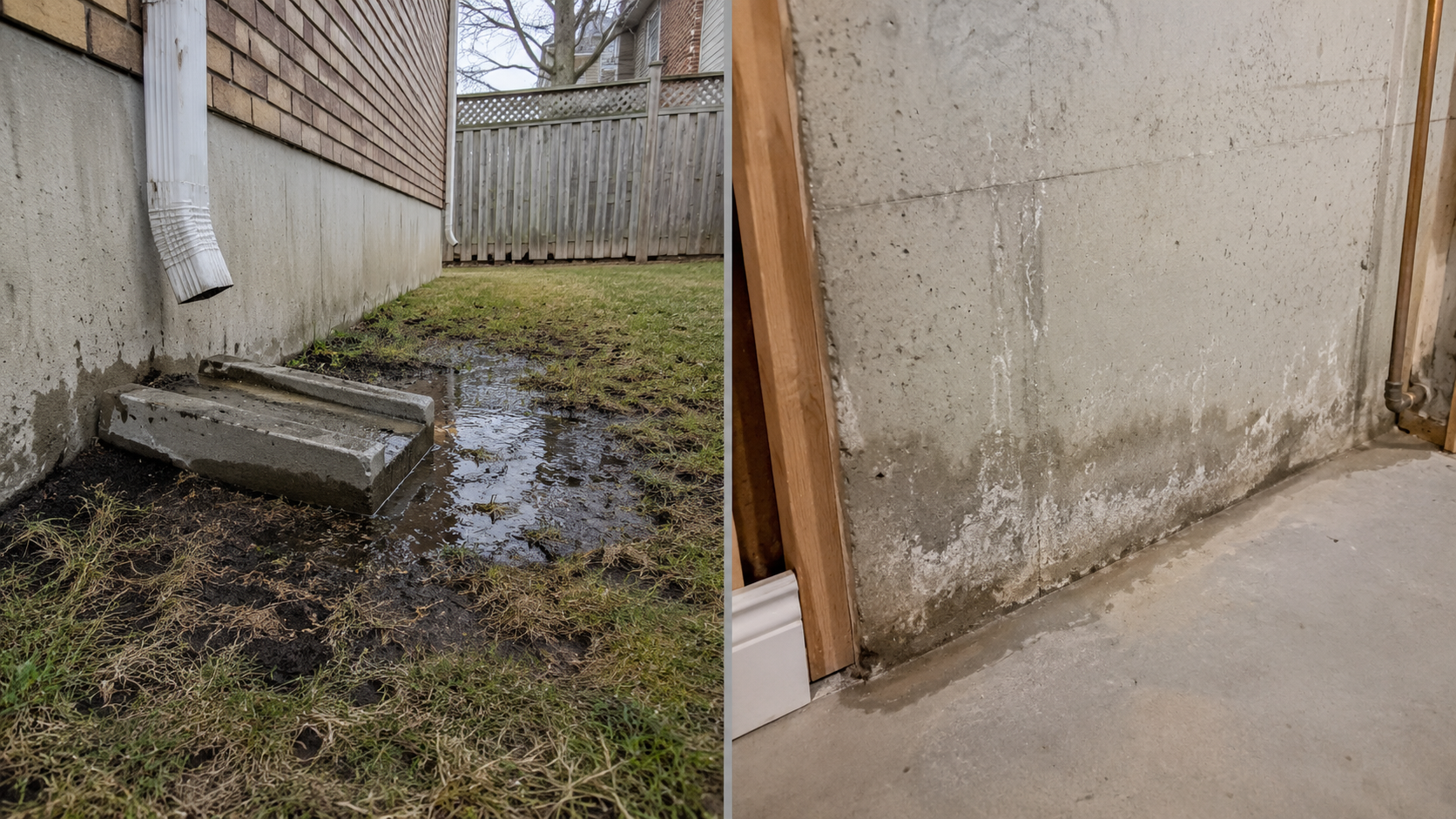 Foundation-edge pooling from downspout discharge alongside interior basement wall showing moisture staining and efflorescence