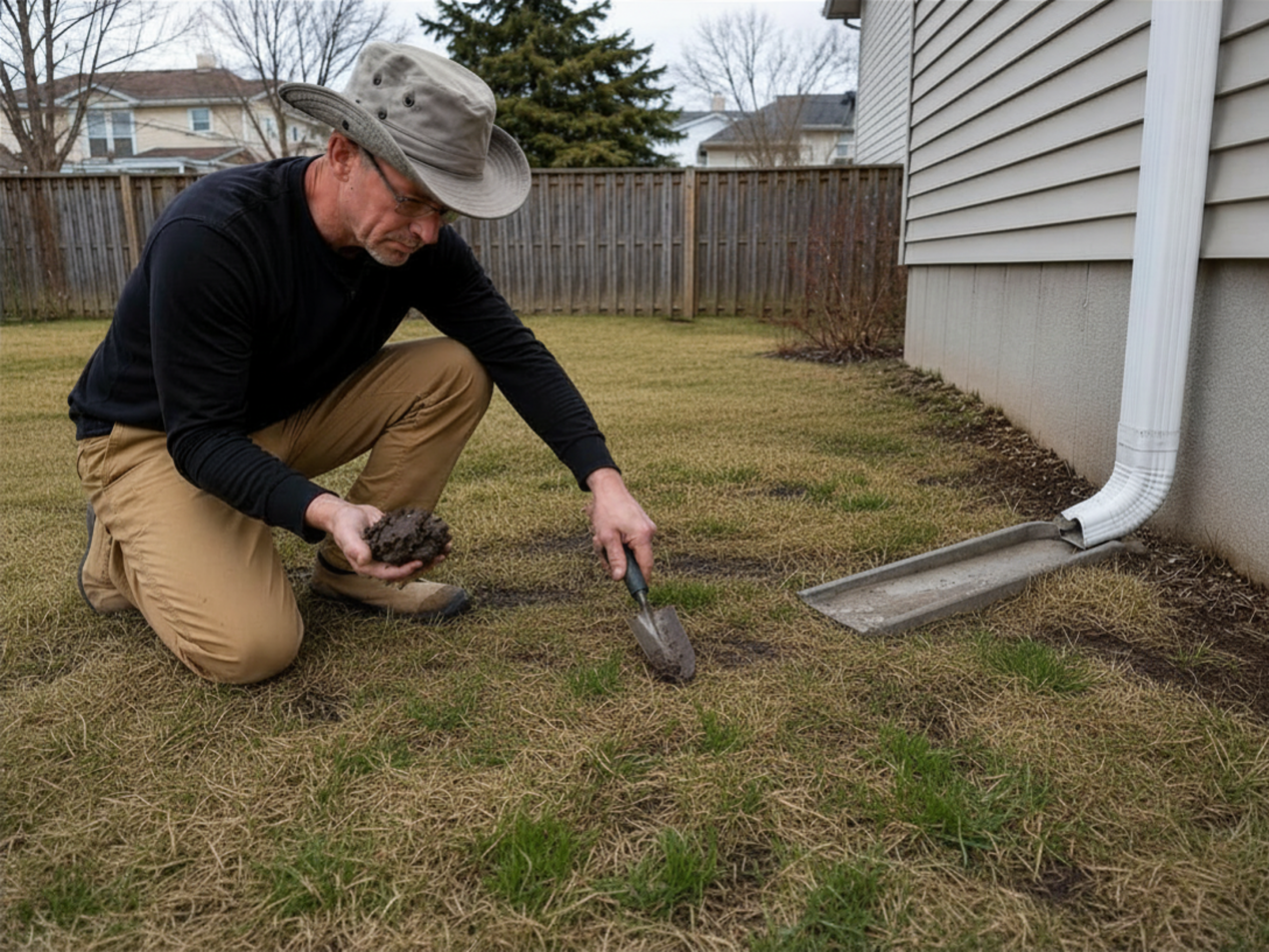 How the Ground Is Draining - Chris - Assessment Photo Soil saturation assessment during drainage evaluation, showing how clay soil and grading affect water retention and wet yard conditions.