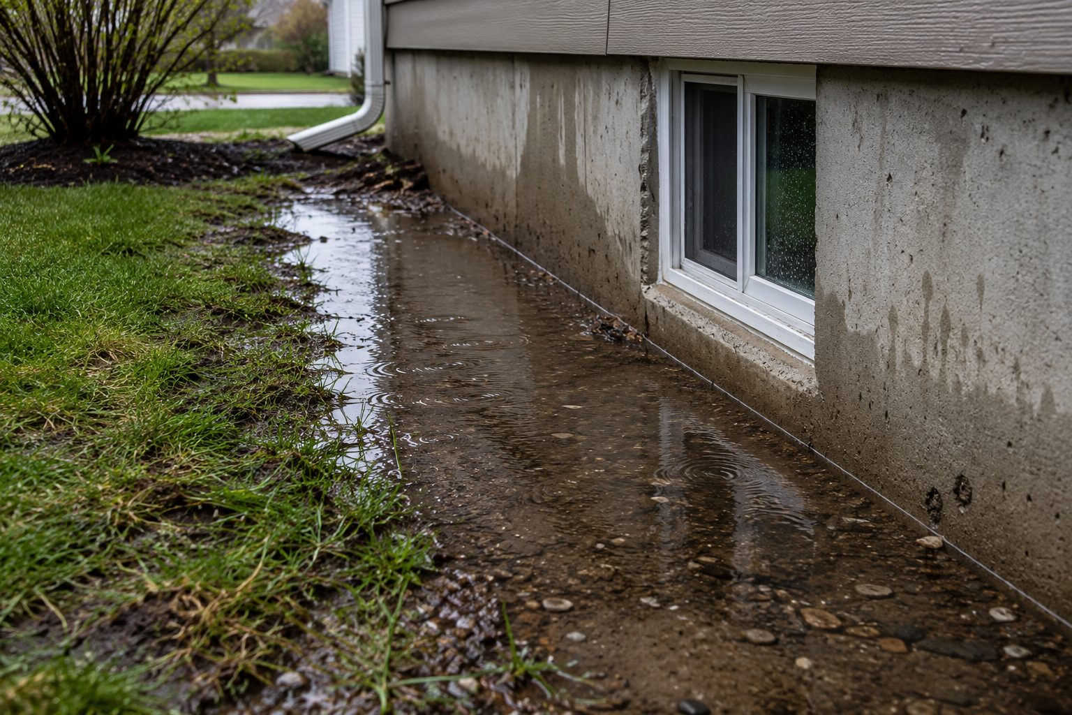 Water pooling along brick foundation after spring rain in London Ontario