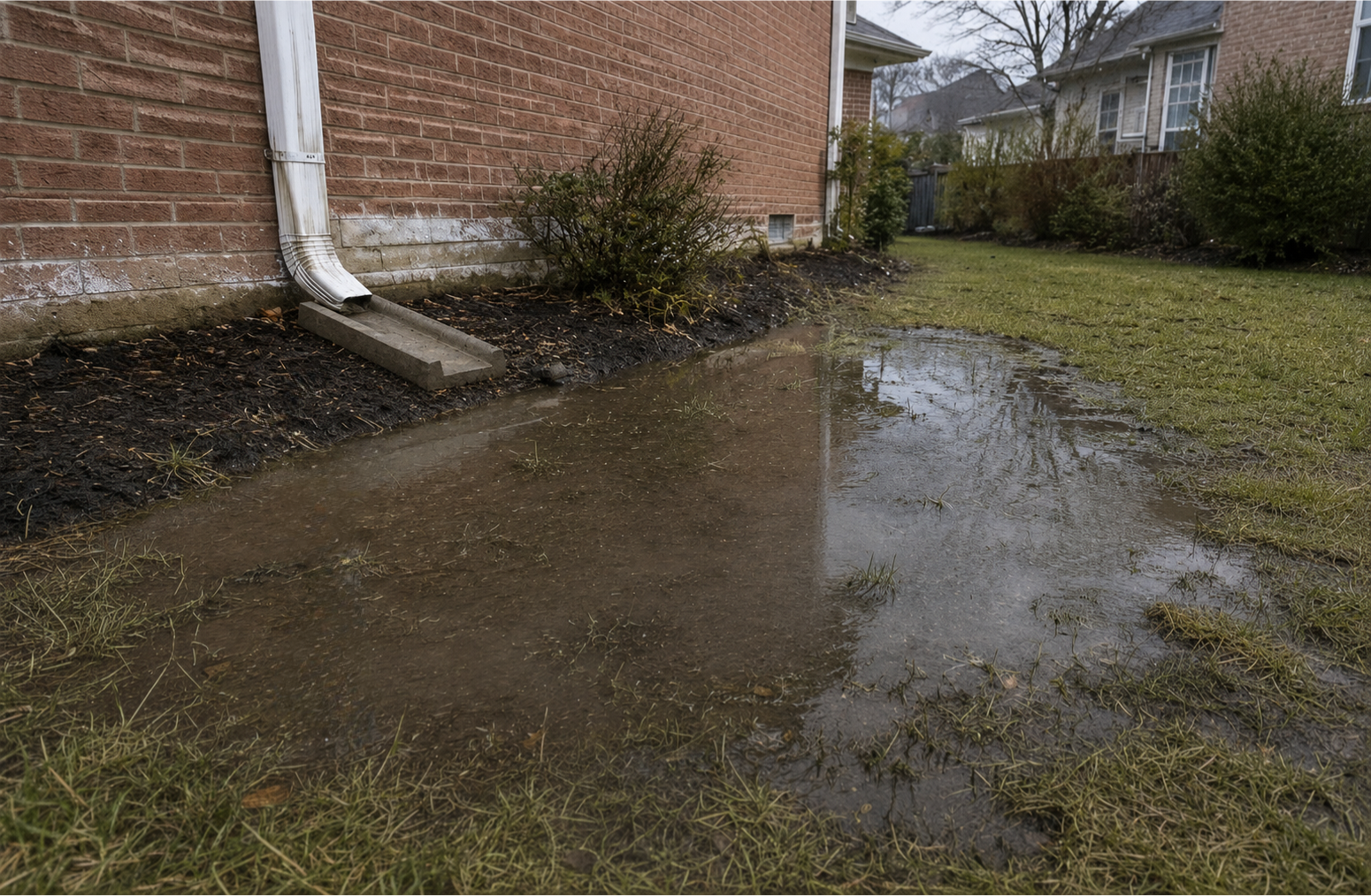 Water pooling along the foundation of a London Ontario home after rain, with a downspout discharging onto a concrete splash block into a saturated lawn area.