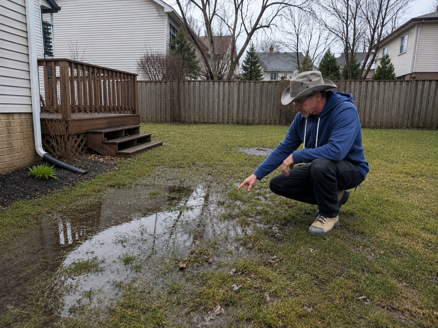 Where the Water Is Collecting - Chris - Assessment Photo Standing water and soggy lawn in a residential yard after rain, showing where water collects and pools in low areas during a drainage assessment.