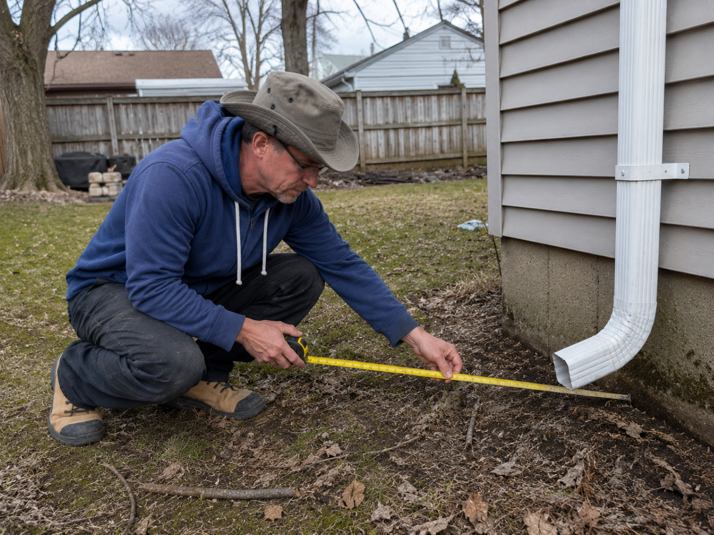Where the Water Is Coming From - Chris - Assessment Photo Drainage assessment showing downspout discharge and where roof water enters the yard, a key cause of water pooling near the foundation.