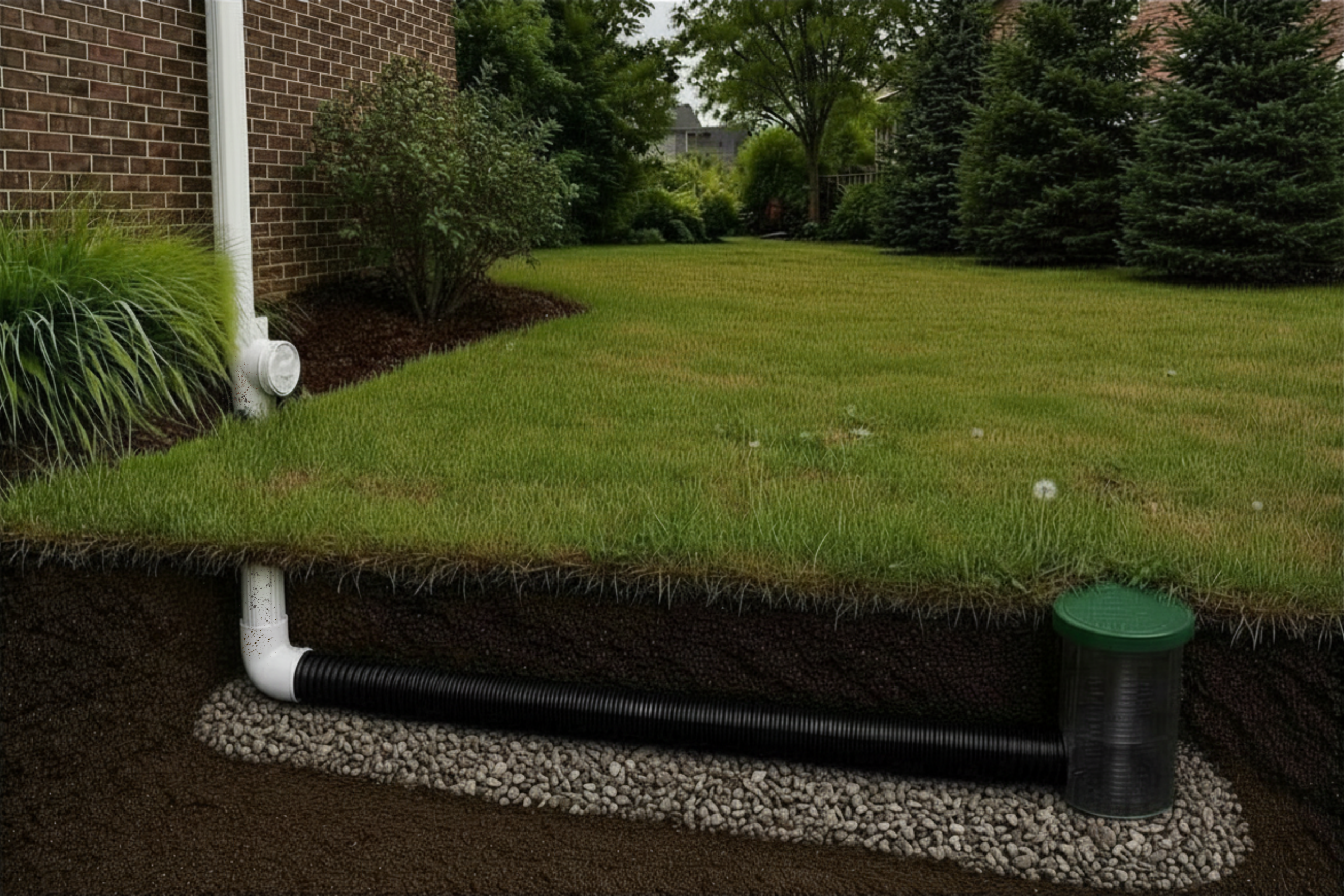 buried downspout with cutaway french drain 2 Water pooling near home foundation from downspout drainage in London Ontario backyard