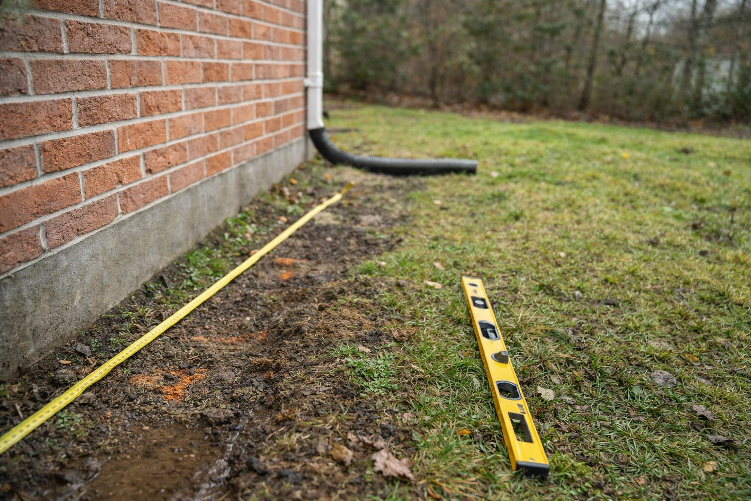 foundation-drainage-assessment-london-on Foundation drainage assessment measuring grading slope near brick foundation, showing how ground elevation affects water pooling and drainage near the home's base.